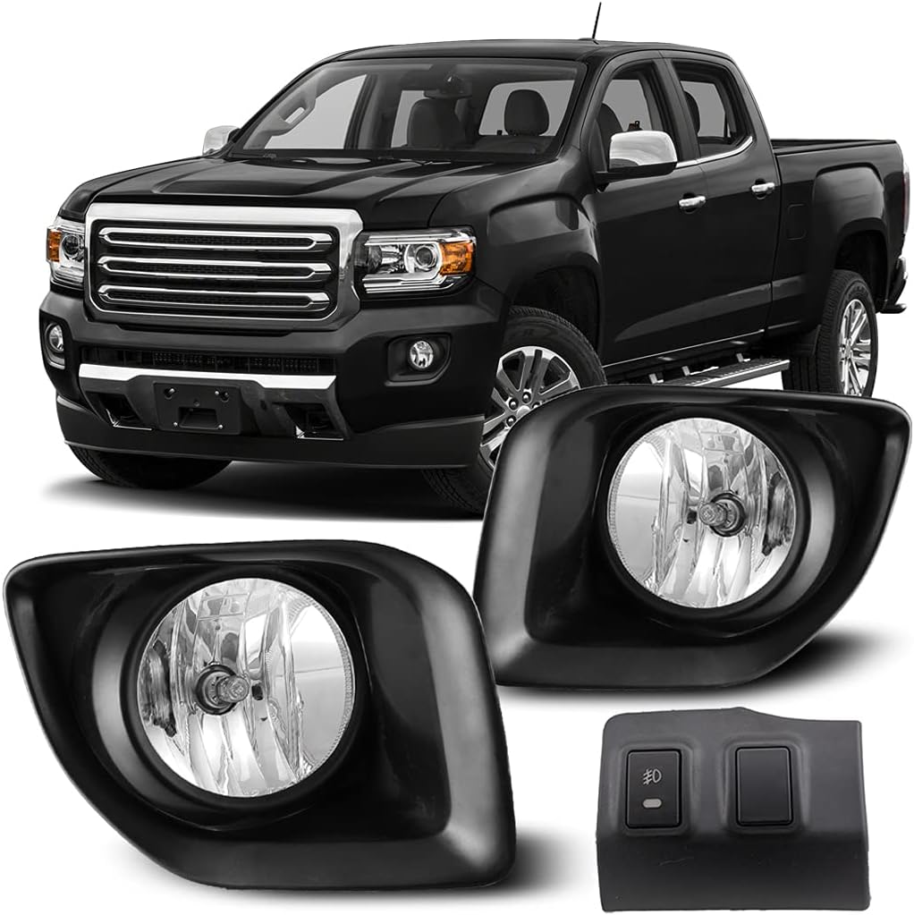 CPW OEM Fog Lights Fit For 2015 2016 2017 2018 2019 2020 GMC Canyon, Driver & Passenger Driving Projector Fog Lights w/PS Halogen Bulbs + Wiring Harness + Switch Kit (Black Housing Clear Lens)