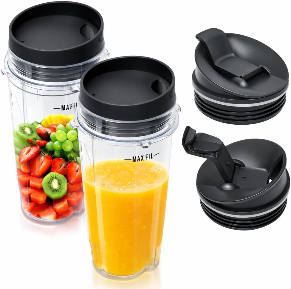 16oz Blender Cup Set Compatible with Ninja Replacement Parts, Single Serve Blender Cups+Sip & Seal lids for QB3001SS Fit Compact Personal QB3000 BL660 BL740 BL770 BL780 BL810