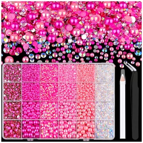 9000PCS Flatback Pearls and Pink Rhinestones for Bedazzling Kit, Hot Pink Mixed Size 3-10mm Resin Rhinestones and Half Pearls for Crafting, Nail Art Crafts Decoration