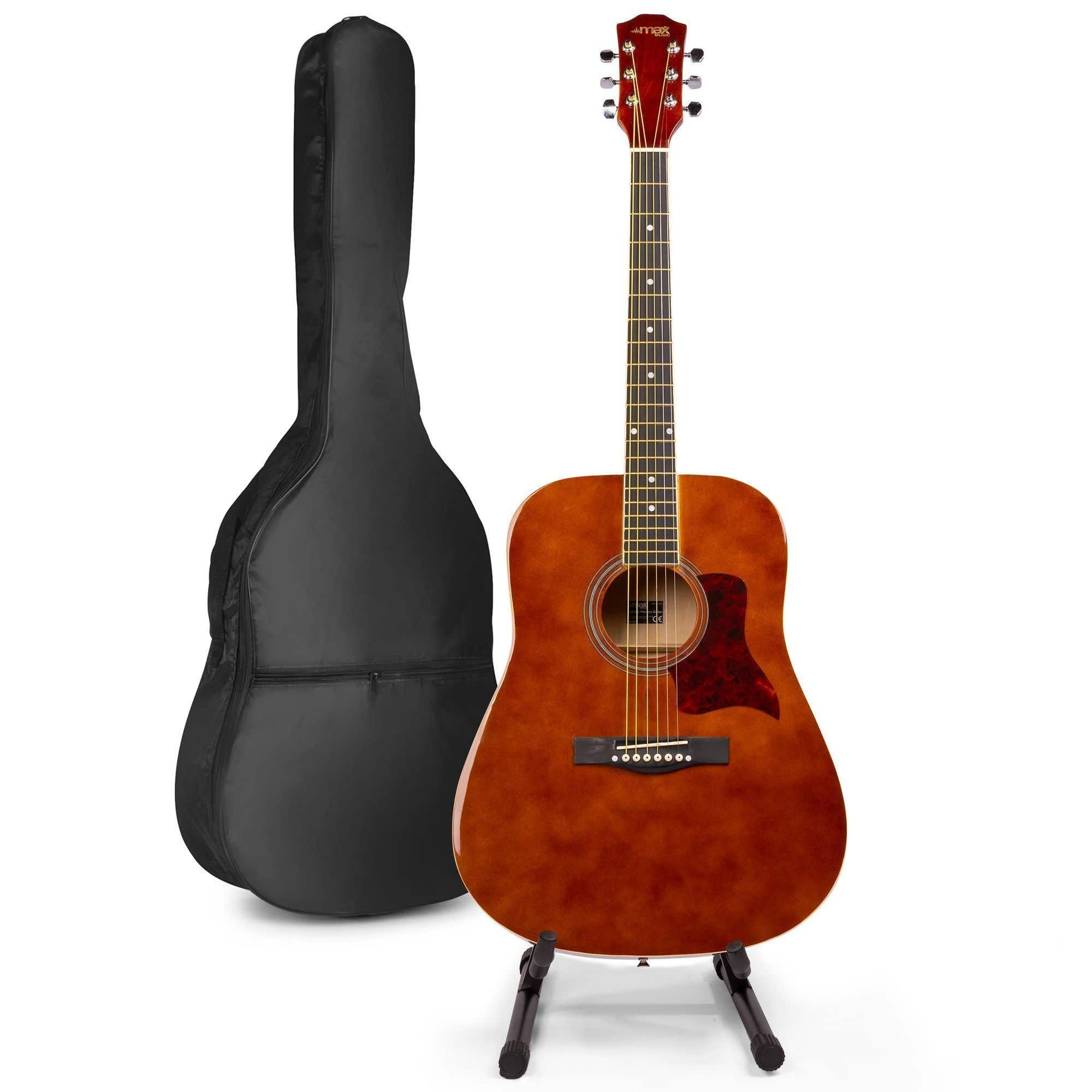 MAX SoloJam Westerngitarre, Akustik Gitarre Set, Acoustic Guitar, Akustikgitarre 4/4 mit Tasche, Gitarrenständer, Plektrum, Stimmgerät, Schultergurt, Stahlsaiten, Anfängergitarre - Holzbraun