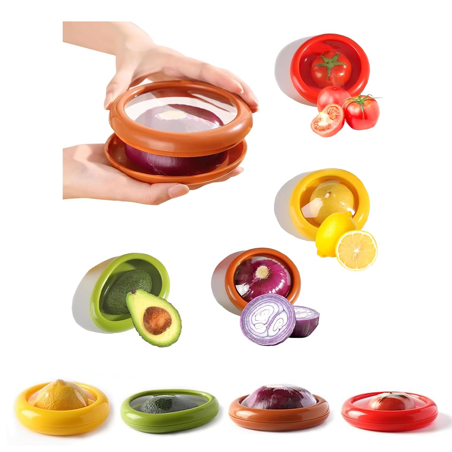 Stretch Pod Set for Avocado lemon, tomato, onion and many other fruits Long-term freshness BPA-free silicone Fruit and Vegetable Storage Food Storage Box （Set of 4）