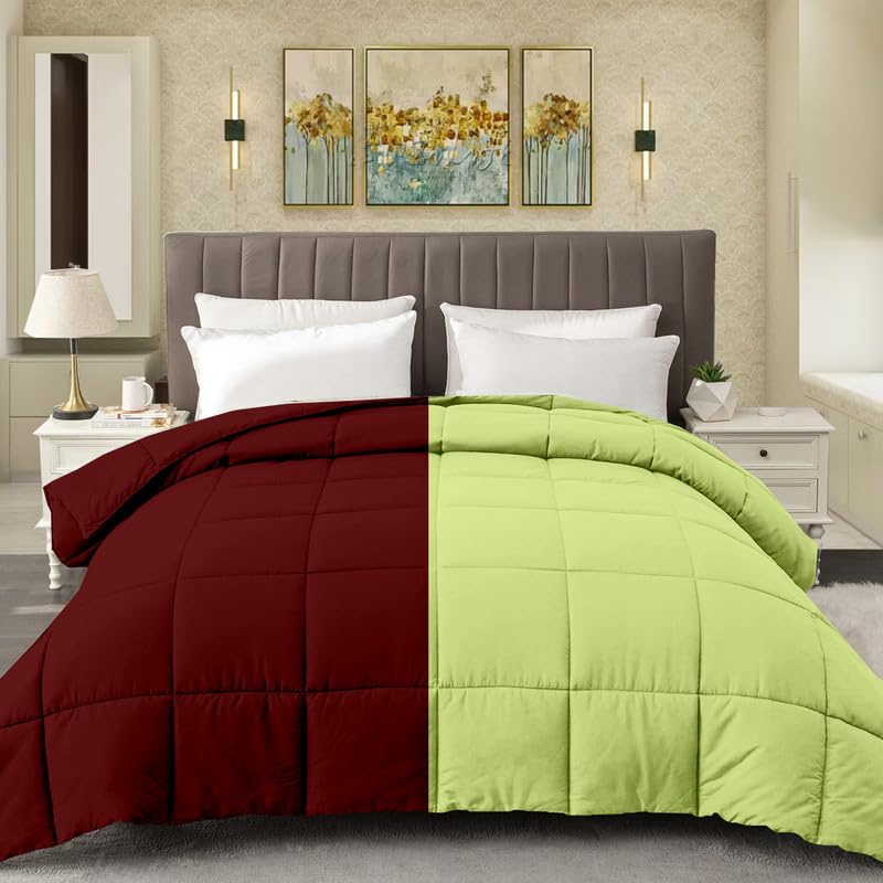 linenaffairs Bed Comforter for All Season/Winter/Summer/Spring Microfiber 300 GSM Box Stitch Comforter(102" x 108" Inches/259cm x 274cm) - Comforter for King Size Bed|Burgundy/Sage