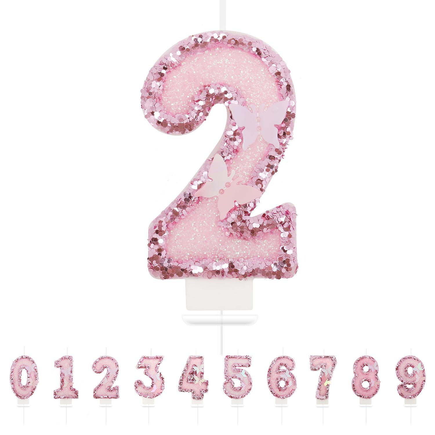 Bougie D'anniversaire Numérotée Rose – Décor Paillettes, Strass Et Papillon – Hauteur 7,3 Cm – Pour Gâteau, Fête, Mariage – Numéro 2 - 4