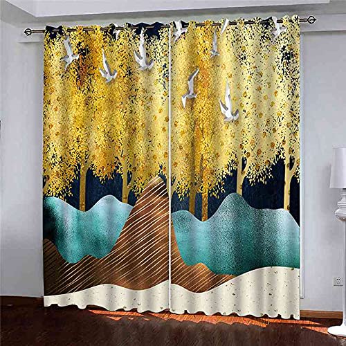 Rideau occultant paysage forêt dorée 3D 300x270 cm | Idéal pour grand salon et chambre moderne
