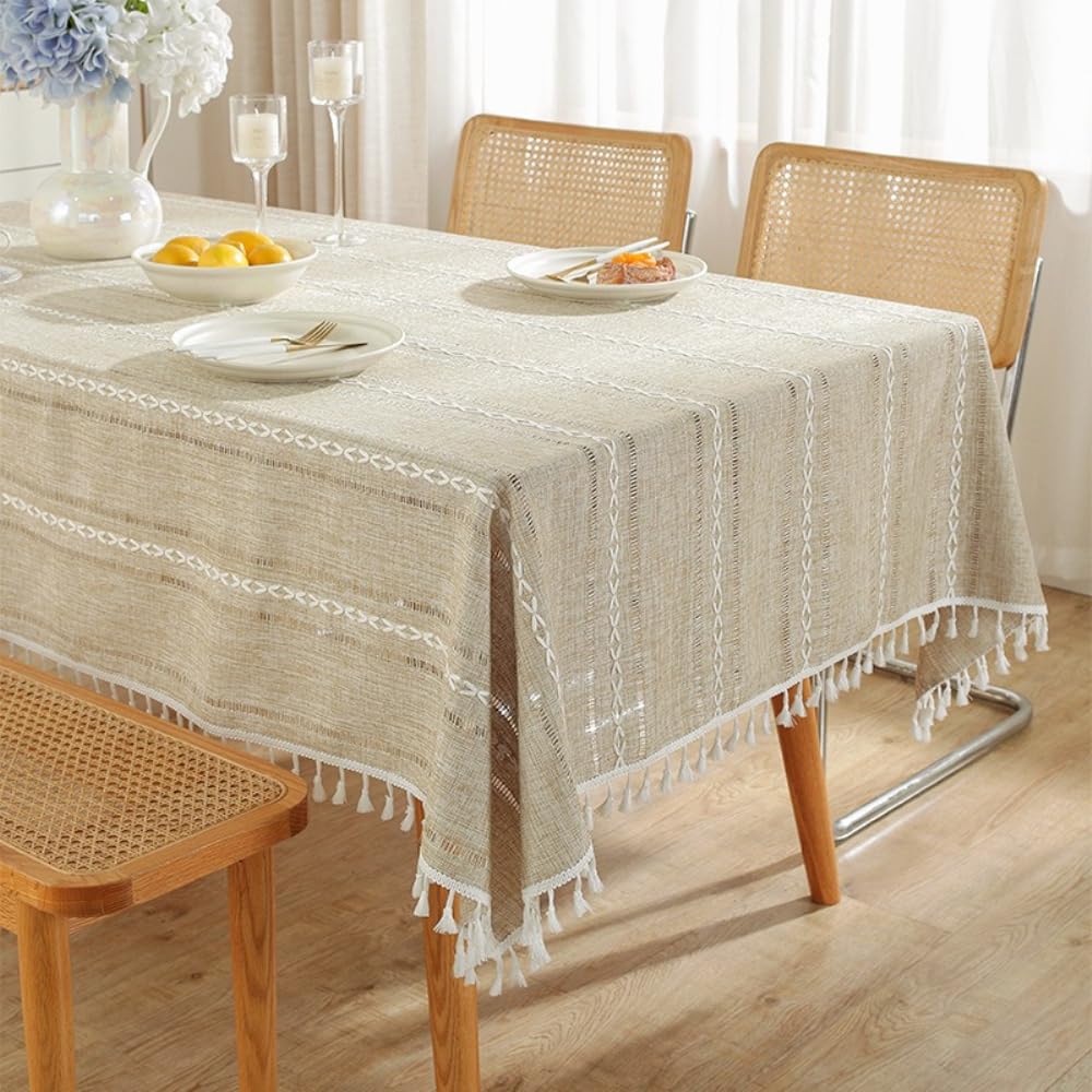 Nappe avec pompon - Nappe brodée - Imitation coton et lin - Pour cuisine, salle à manger, fête, vacances, Noël - Jaune - 100 x 160 cm