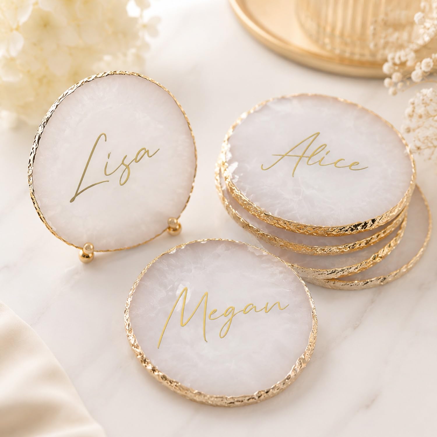 Custom Resin Coasters With Gold Trim, Personalized Agate Geode Drink Coaster - Housewarming, Wedding Gift - Decorative Coasters For Drinks