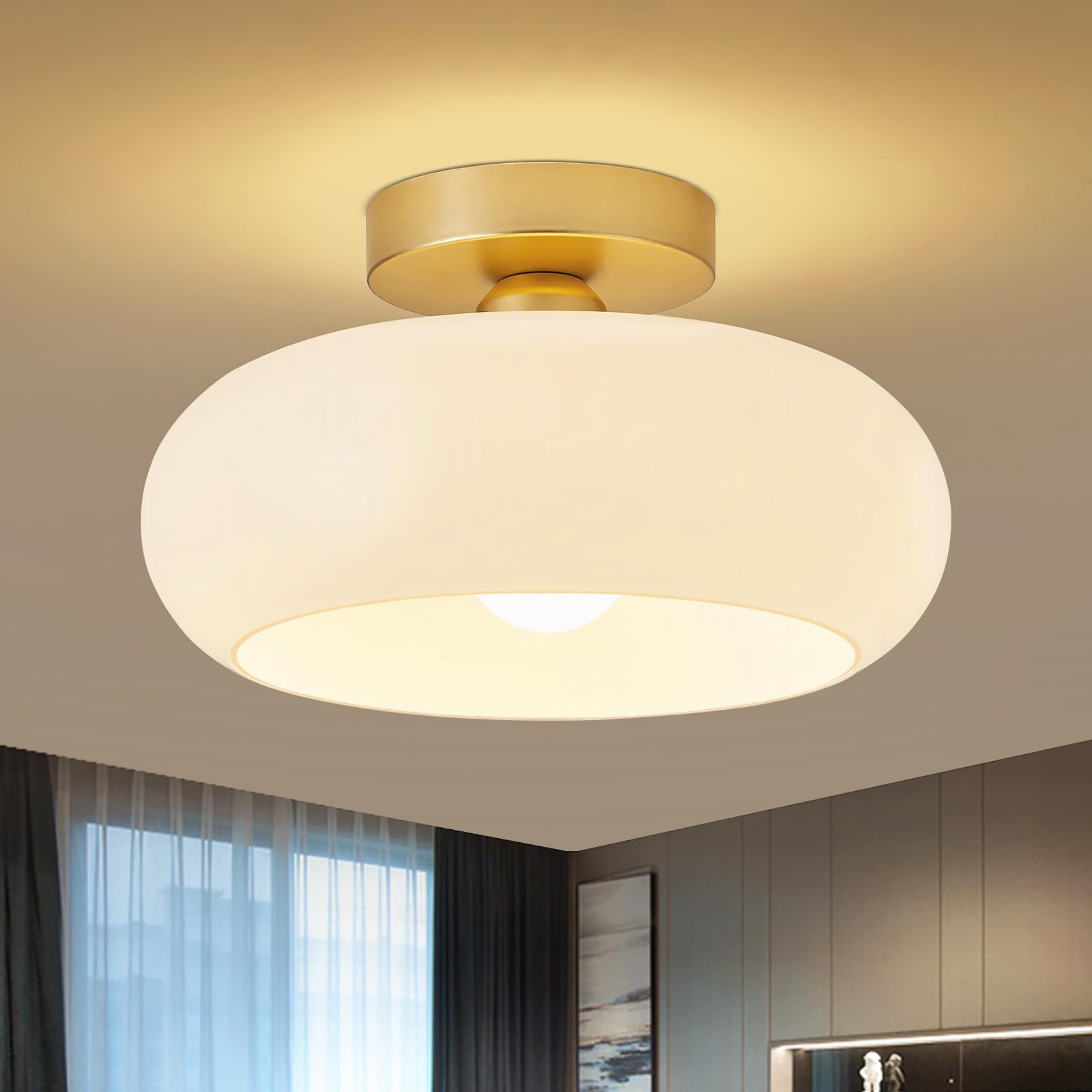 WOKNOS Moderna Bianco Vetro Lampadario Plafoniere,Dorato Plafoniera(28CM) | E27 Rotondo Plafoniera,Lampada per Soggiorno Camera da Letto Cucina Corridoio Sala da Pranzo