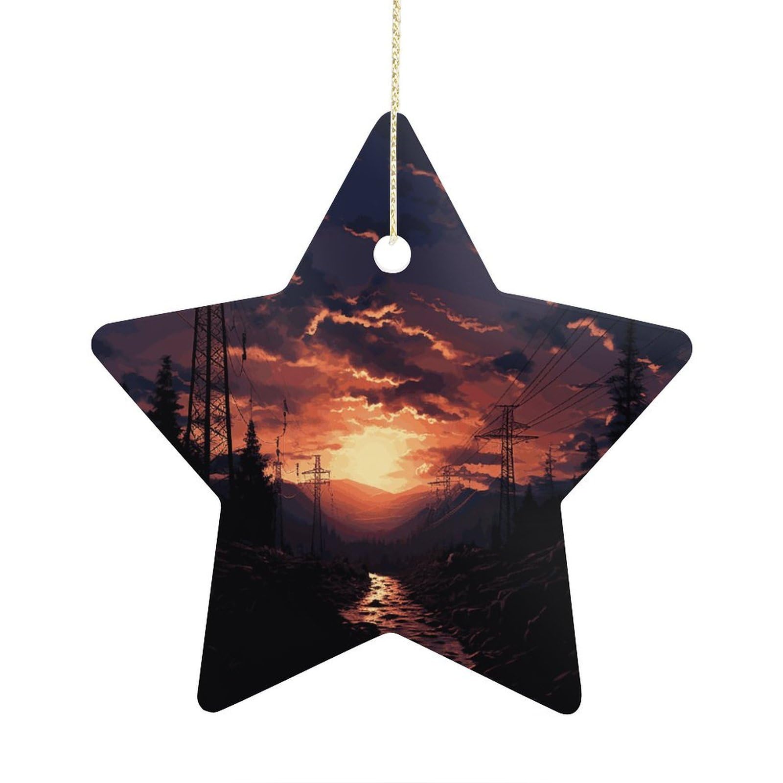 Dusk Scenery Stars Ornaments Ceramic Christmas Tree Hanging Light in Weight Christmas Star Pendants Funny Double-Sided Printed Xmas Ornaments for Gifts