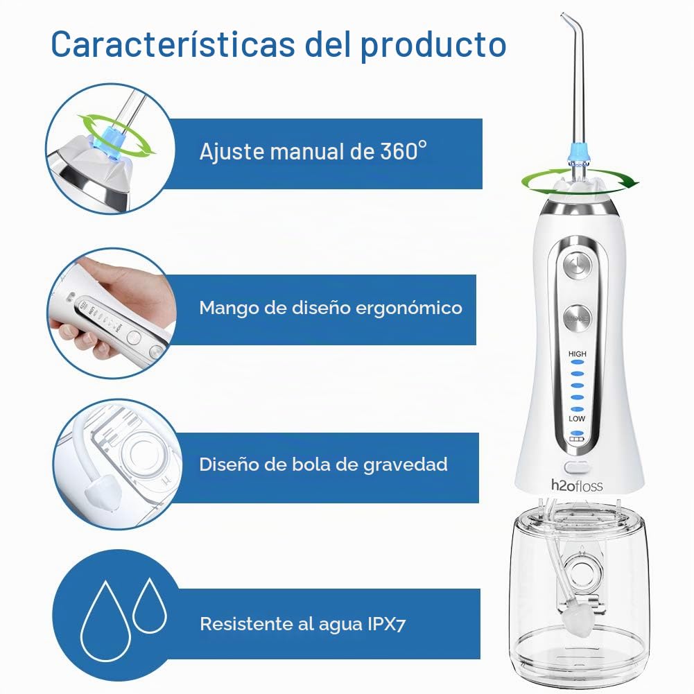 Irrigador Bucal Portátil Profesional - Multifuncional 300ml Irrigador Dental, 5 Modos 6 Boquillas, Tanque de Agua Extraíble, IPX7 Impermeable para Limpieza Dental, Ideal para Viaje(Blanco)