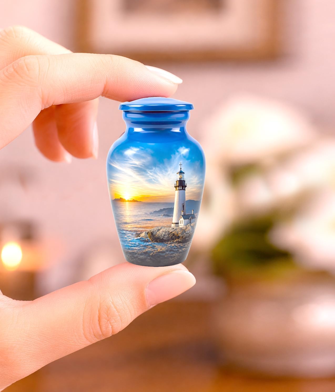 Lighthouse Keepsake Cremation Urn | Small Memorial Urn for Human Ashes | Nautical Coastal Mini Funeral Urn | Lighthouse Sunset Ashes Keepsake