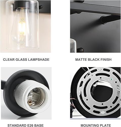 Miniatura 3 de 2 luces de pared negro mate, apliques de base E26 vintage con pantallas de vidrio transparente, lámpara de pared moderna de granja para pasillo,