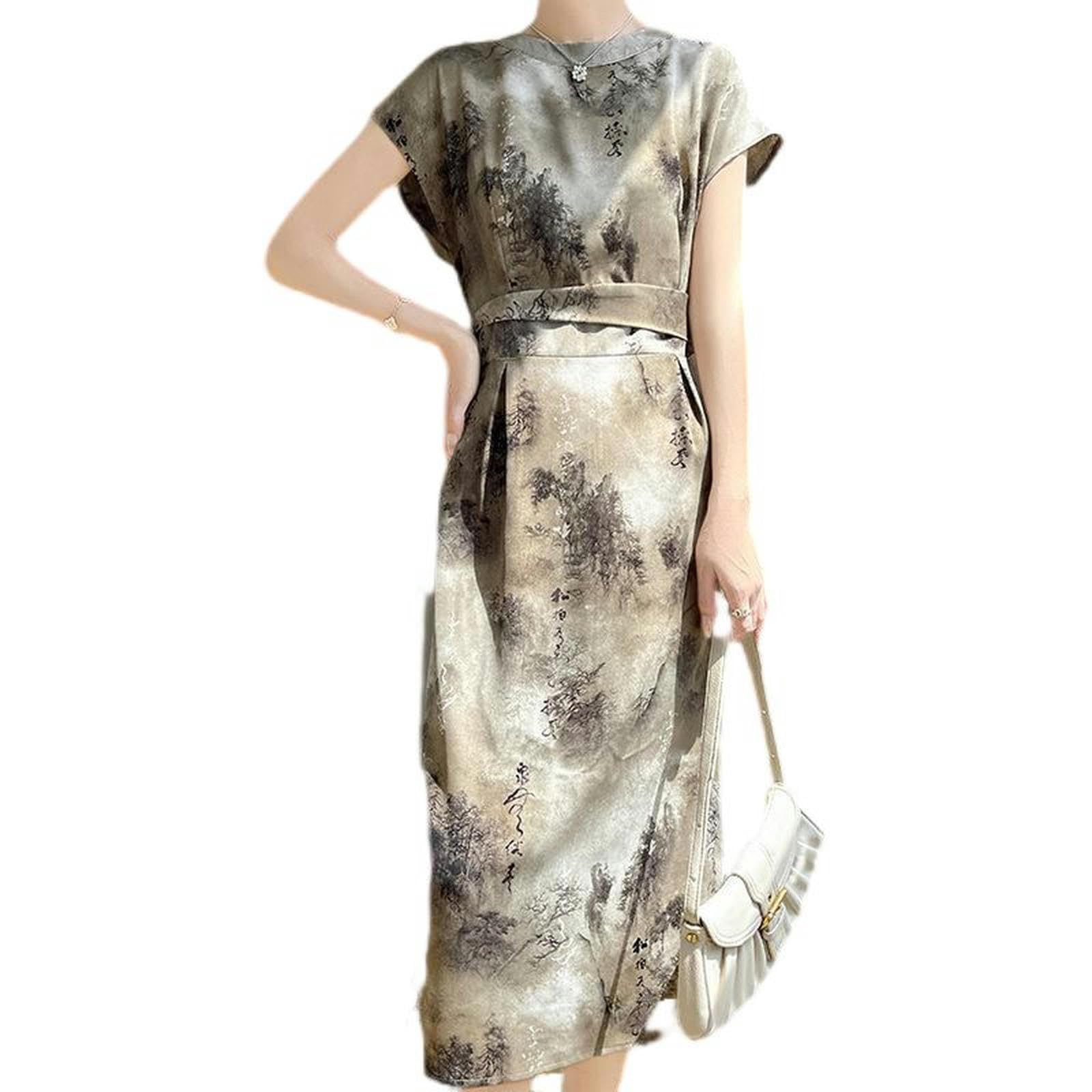 Robe longue d'été décontractée imprimée kaki grande taille 3XL