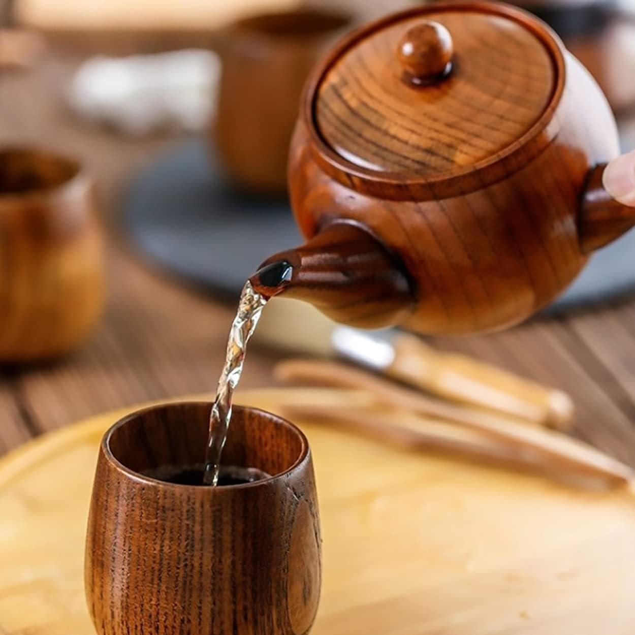 Classic Wooden Tea Pot with Wooden Tea Cups, Teapot with Removable Stainless Steel Infuser Filter, Tea Kettle for Tea, Coffee (Teapot Only)