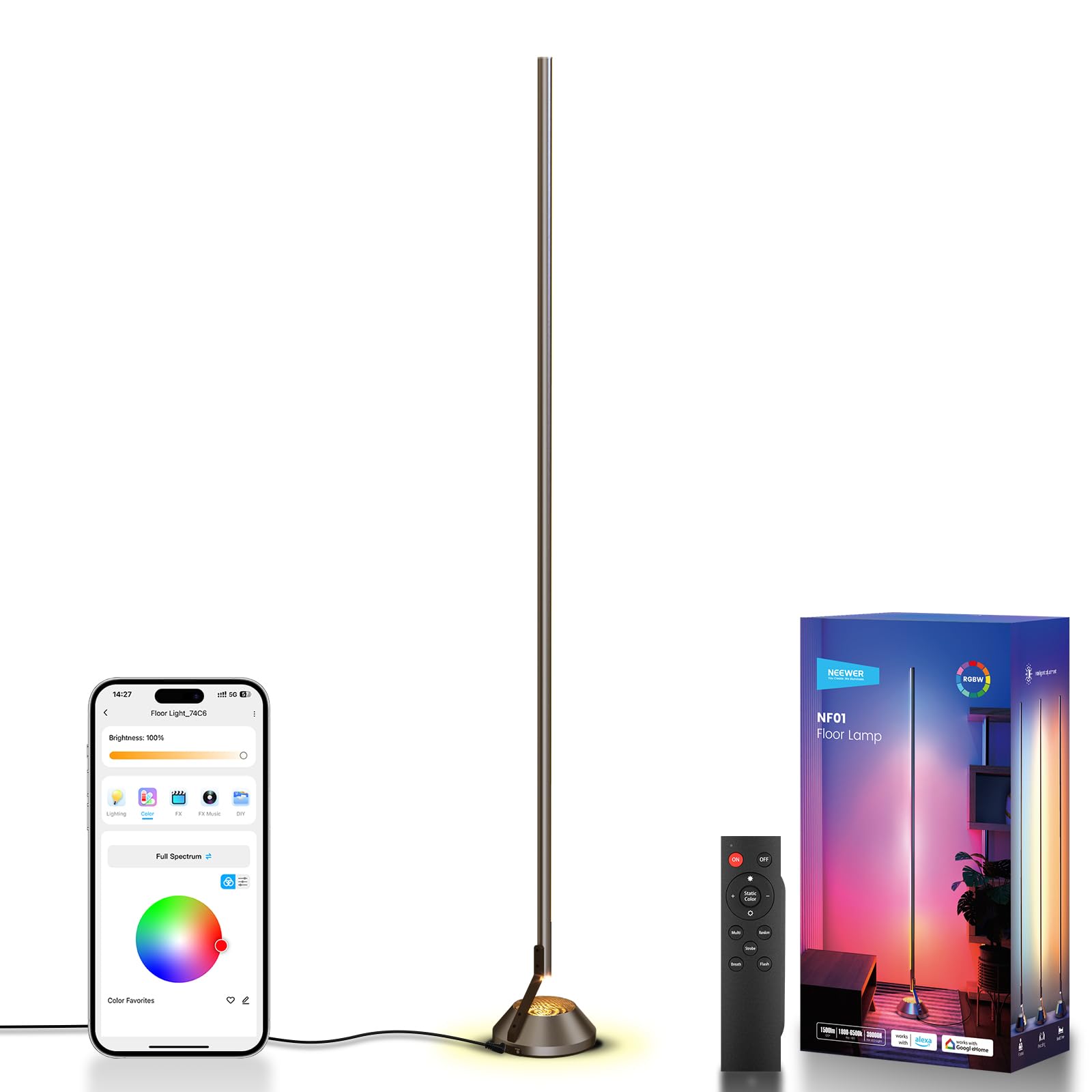 NEEWER Smart RGB IC W Stehlampe, 1500lm LED Eckleuchte kompatibel mit Alexa Google, APP Steuerung/AI DIY/Musiksynchronisation/16 Millionen Farben, Licht für Wohnzimmer Schlafzimmer Dekor, NF01