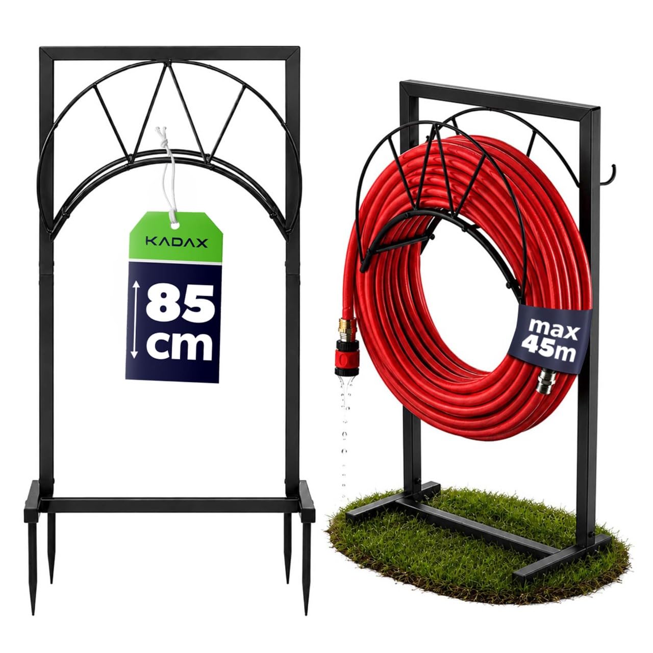 KADAX Wolnostojący uchwyt na wąż ogrodowy 45 x 85 cm, uchwyt na wąż z malowanego proszkowo żelaza, uchwyt na wąż do 45 m, uchwyt na wąż (Czarny)