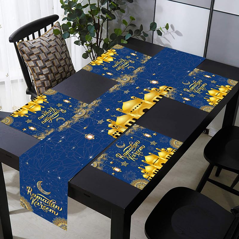 Ramadan Table Runner - Eid Mubarak Mosque Islamic Golden Moon Decor (13x72 Inch)