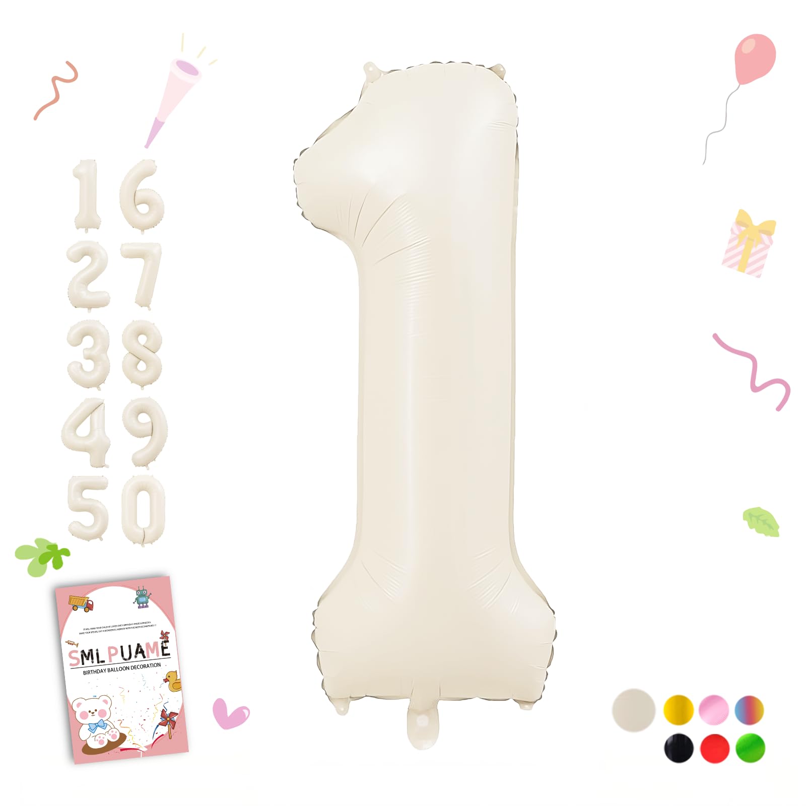 Smlpuame 40 Inch Beige Number 1 Balloon for 1st Birthday Decorations Boys Girls, Large Self Inflating Cream Foil Number 0-9 White Sand 1 Balloons for
