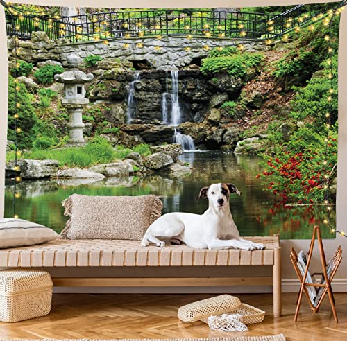Ambesonne Japanese Tapestry, Cascading Waterfall Pond Under Bridge Reflections Of Flowers In Water Pattern, Wide Wall Hanging For Bedroom Living Room Dorm, 60" X 40", White Green #TOP7