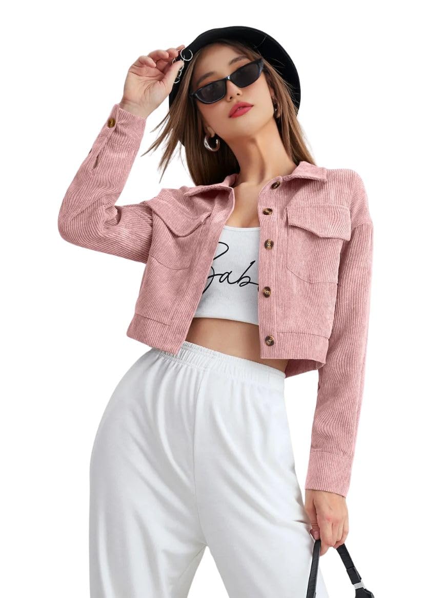 SMOWKLY Women’s Cotton Blend Cropped Jacket with Two Pockets| Casual Button Down Shirt| Stylish Lightweight Outerwear for Women’s | Long Sleeve Jacket for Regular Wear(1684-PCH-XL)