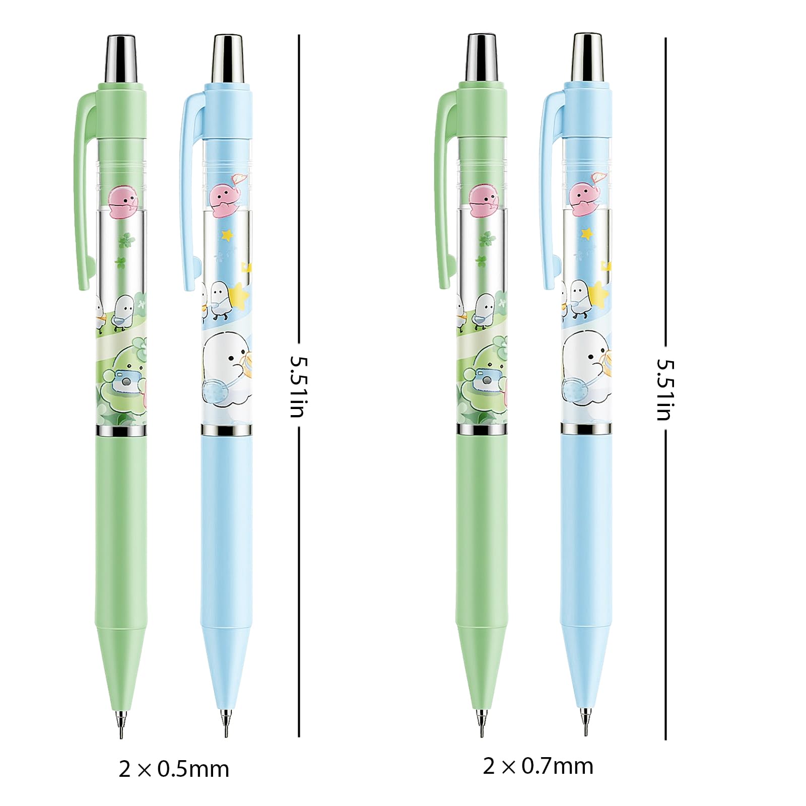 Lot de 4 porte-mines mignons verts avec gomme de 0,5 mm et 0,7 mm - Kawaii - Pour l'école, le bureau, l'écriture, le dessin