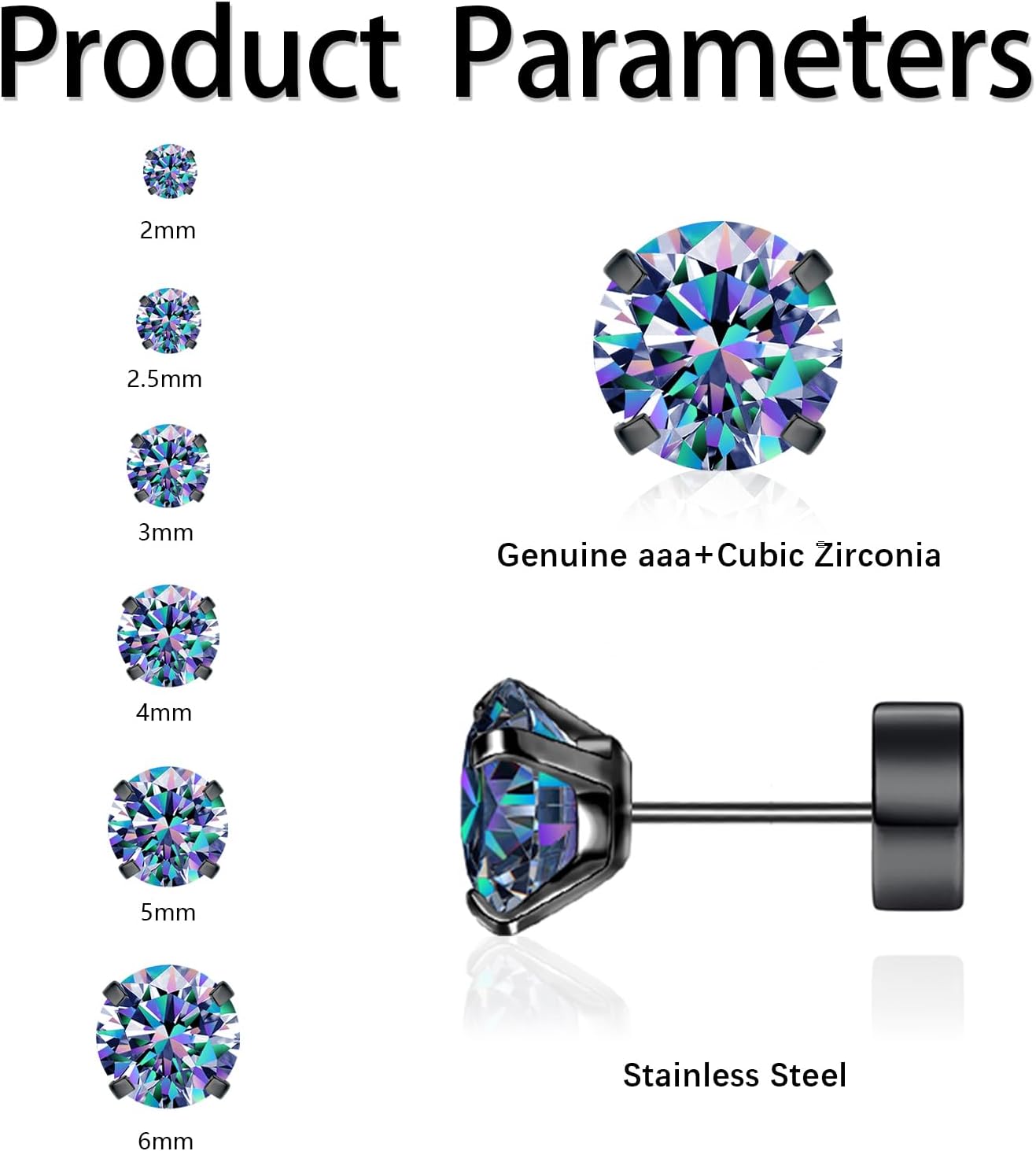 6 Pairs 14K Cubic Zirconia Stud Earrings for Women Men 20G Screw Flat Back Earrings 316L Stainless Steel Cartilage Earrings Hypoallergenic Men Earrings - Image 3