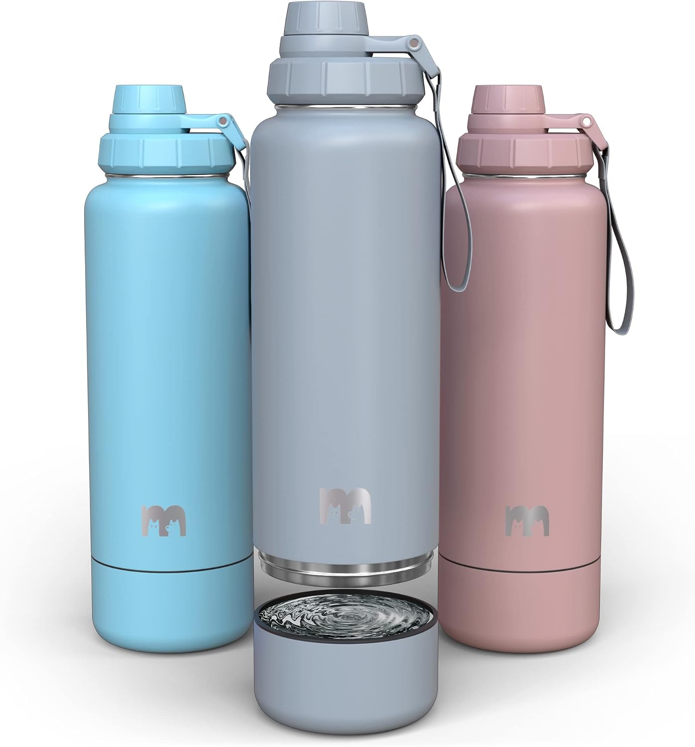 Miracle Pets Portable Dog Water Bottle with Bowl Attached, 32oz Insulated Stainless Steel Water Bottles for Sports, Hiking, Easy Handle,…