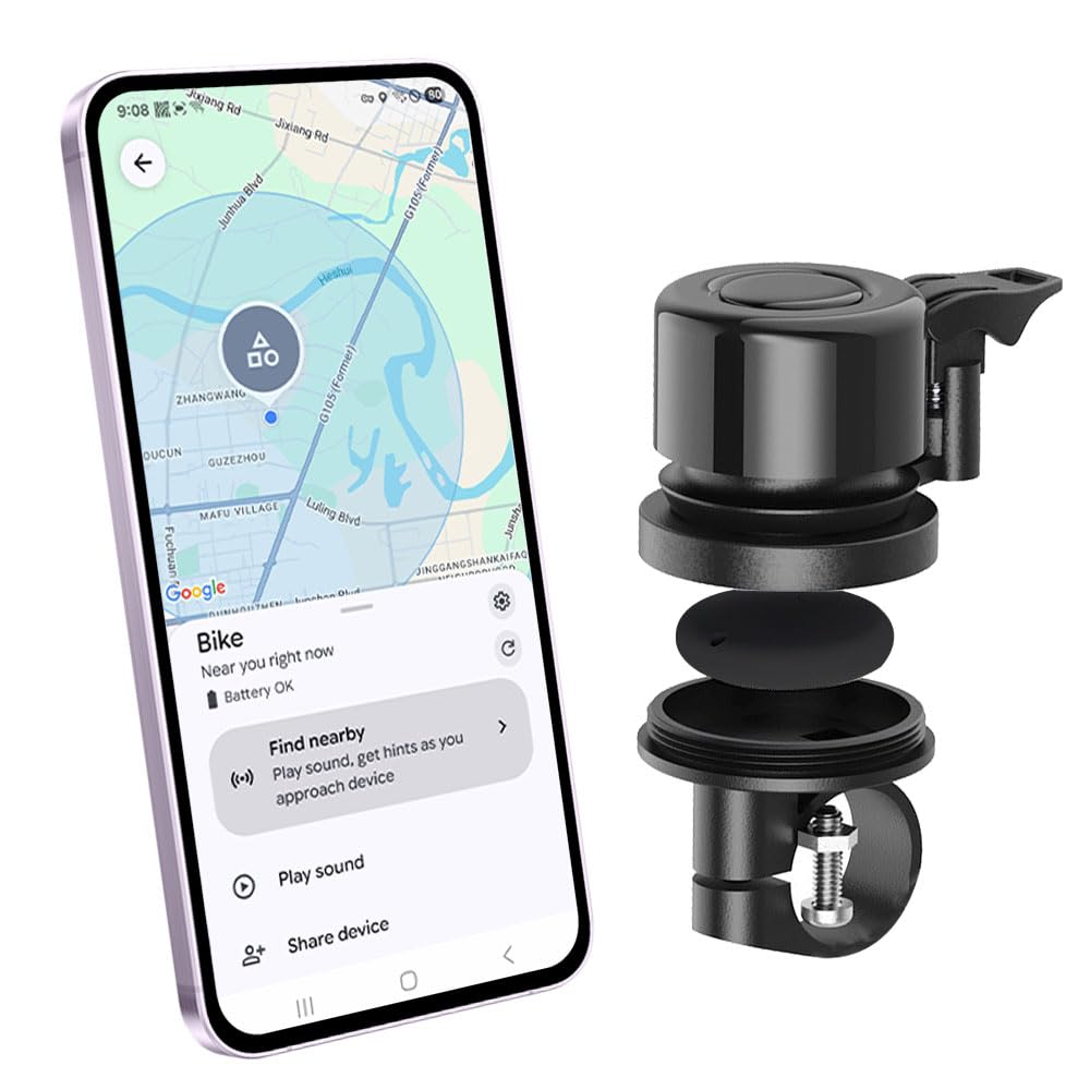 Fahrradklingel mit Tracker-Tag für Find Hub App, Fahrradhalterung für GPS-Tracker, wasserdicht, klassische Edelstahl-Halterung, Diebstahlschutz, 100 dB, passend für 2,2 cm / 25,4 mm Lenker (nur