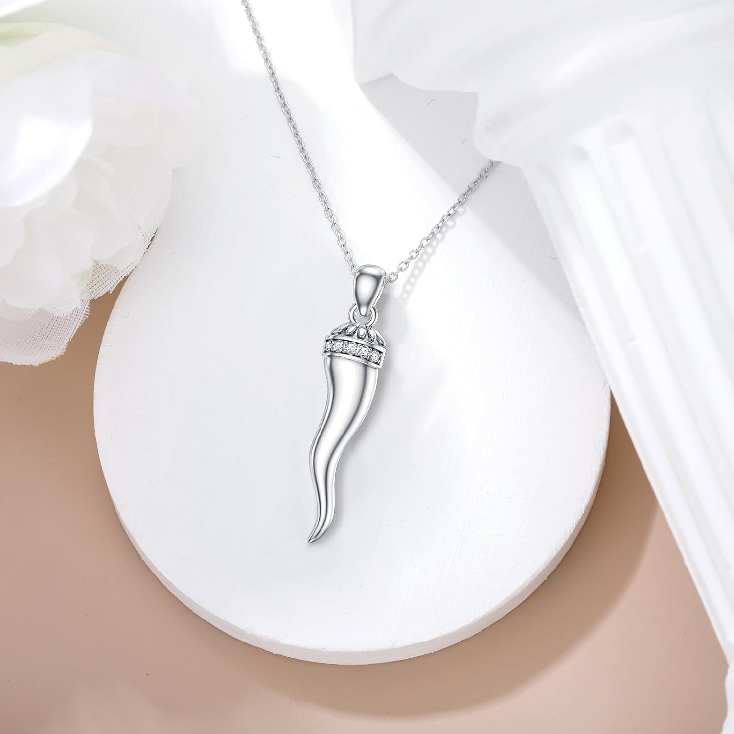 Lab Grown Diamond Italian Horn Necklace Sterling Silver Horn Pendant Necklace Gift for Women - Image 2