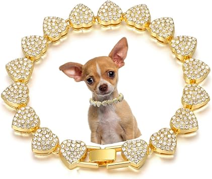 YOUALSO Gold Dog Necklace, Heart Style Bling Diamond Cuban Link Dog Collars Glitter Chain Rhinestone Puppy Collar for for XXS XS Small Medium Pet Dogs Cats, 8-Inch
