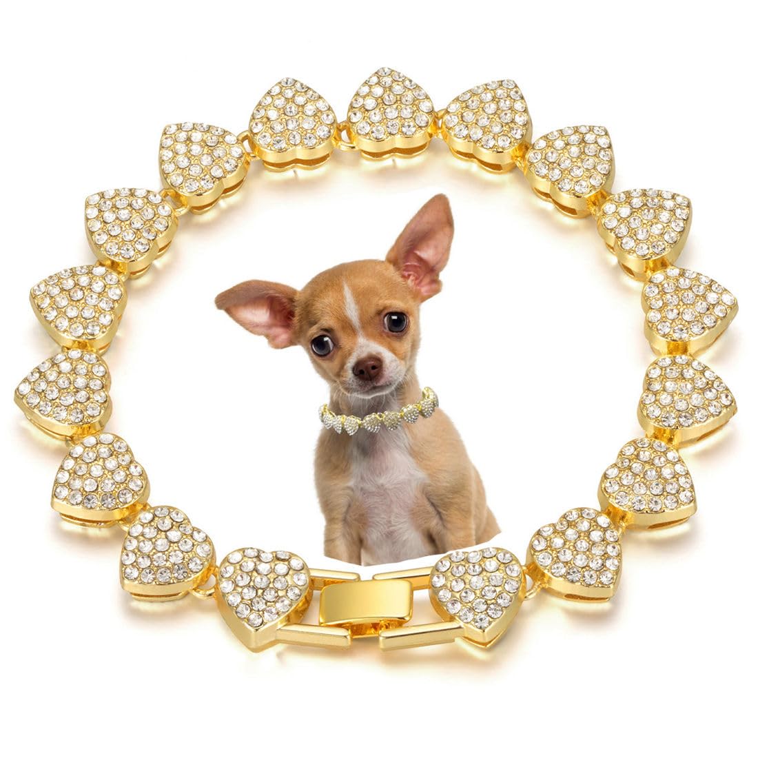 Gold Dog Necklace Collar, Heart Style Bling Diamond Cuban Link Dog Collars Glitter Chain Rhinestone Puppy Necklace for for XXS XS Small Medium Pet