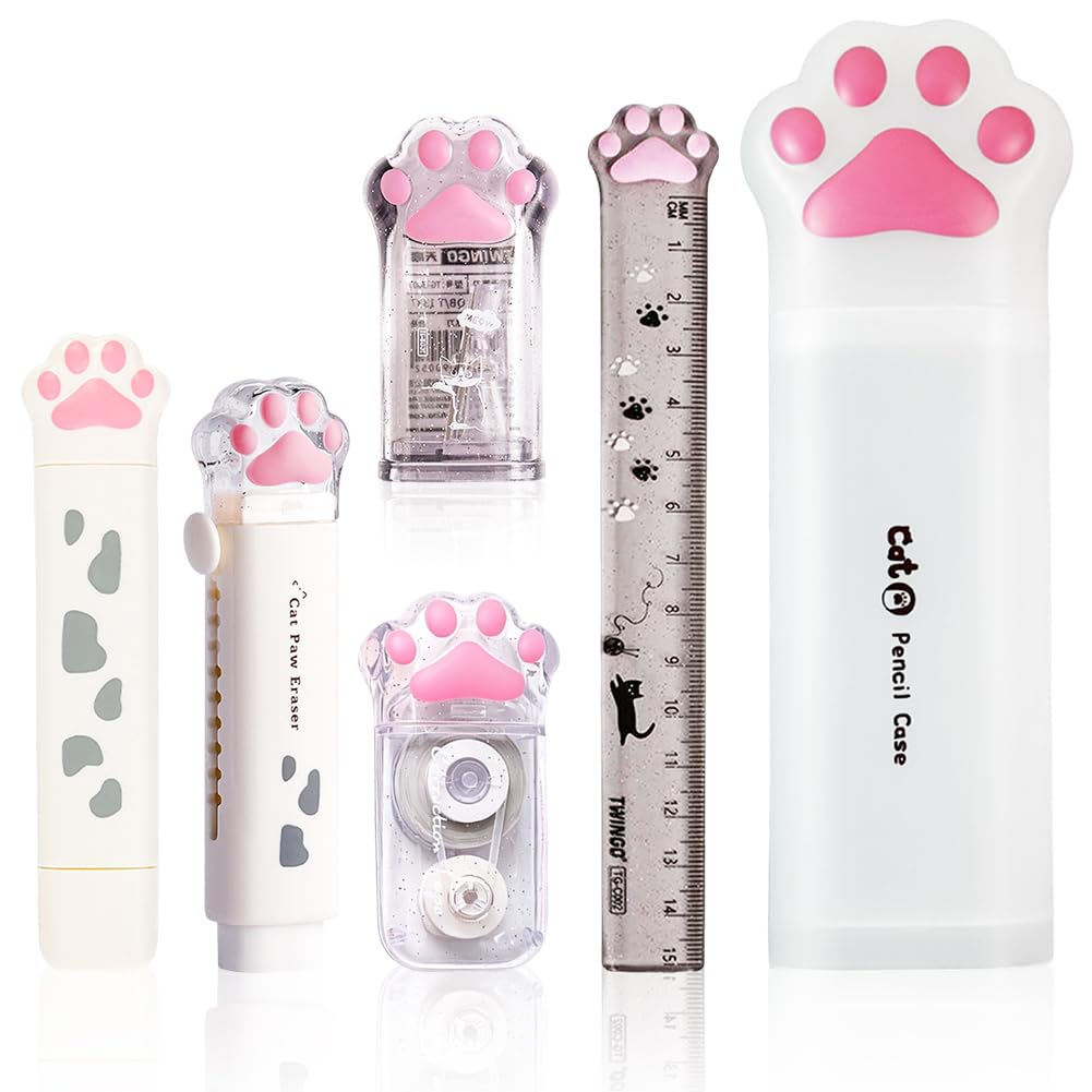 Cat Stationery Set, 5Pcs Cat White Stationery, Cats pencil Case, cute Kawaii Statione Set Cute School Supplies For Birthdays, Christmas Parties, Classrooms, Schools, Reward Gifts — image 1