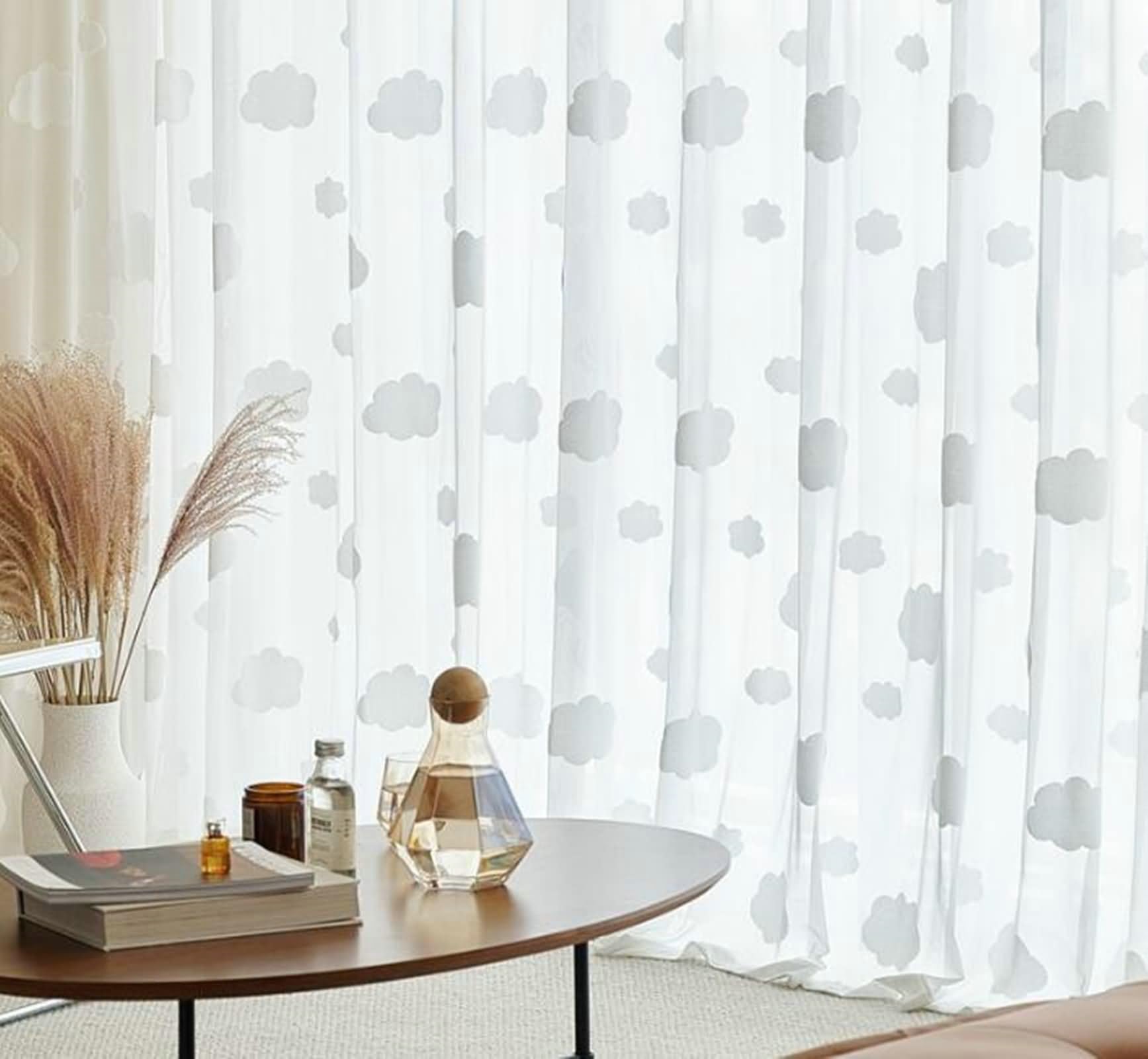 Gardinen 2er Set Ösen, Vorhänge Lichtdurchlässig Wolken Muster Vorhang Fenster Wohnzimmer H 138 x B 86 cm, Weiß