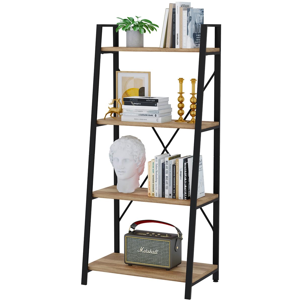 BON AUGURE Farmhouse Ladder Shelf Bookcase, 4 Tier Rustic Ladder Bookshelf, Standing Leaning Book Shelves for Living Room (Vintage Oak)