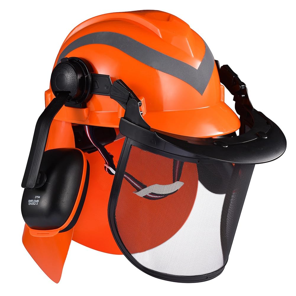 Industriale per Motosega con Rete per Le Orecchie e Visiera In Plastica Trasparente, Regolabile, per Lavori Forestali e di Arboricoltura.