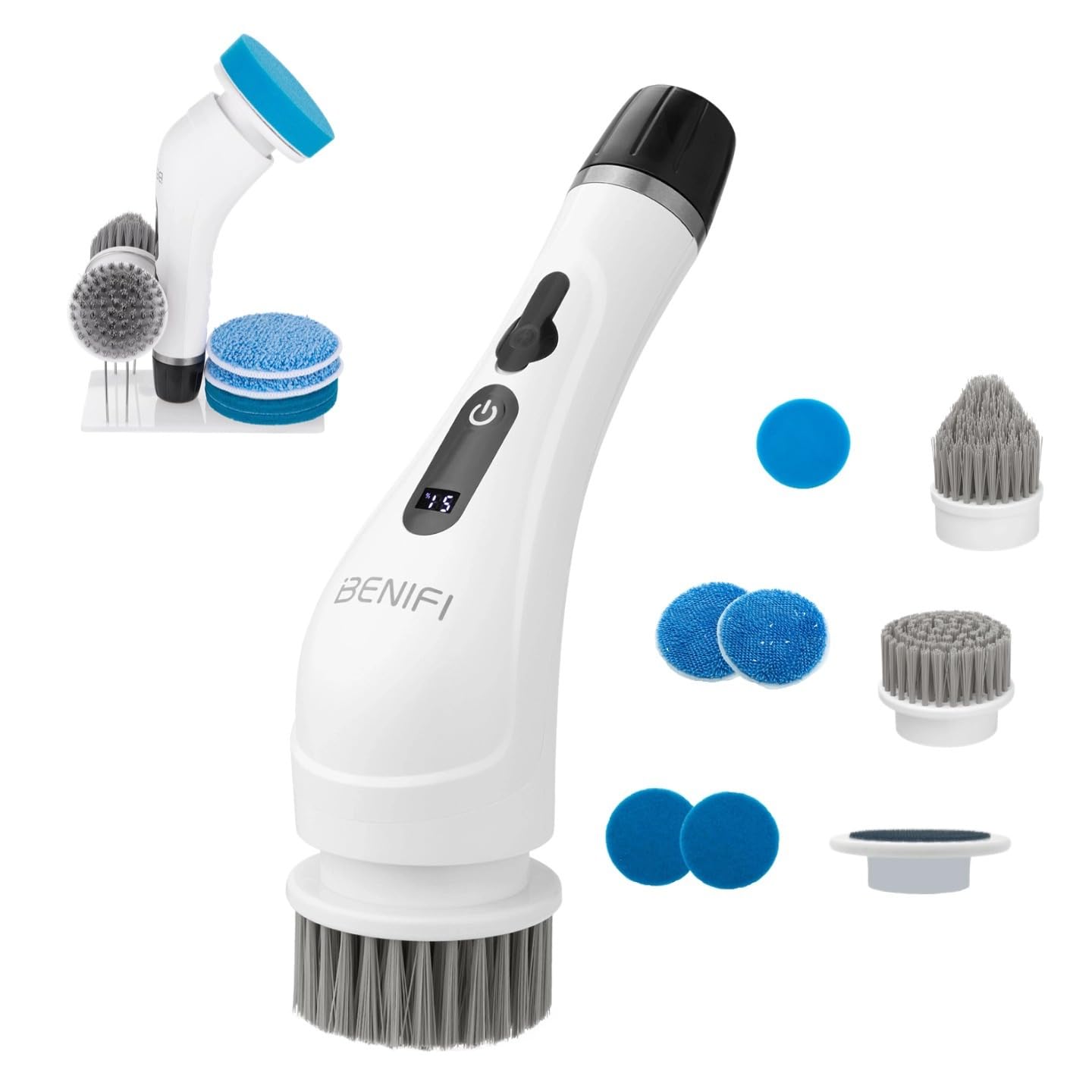 - Electric Spin Scrubber Full-Body IPX7 Waterproof Cordless Bathroom Cleaning Brush with Power LCD Display and 8 Brush Heads