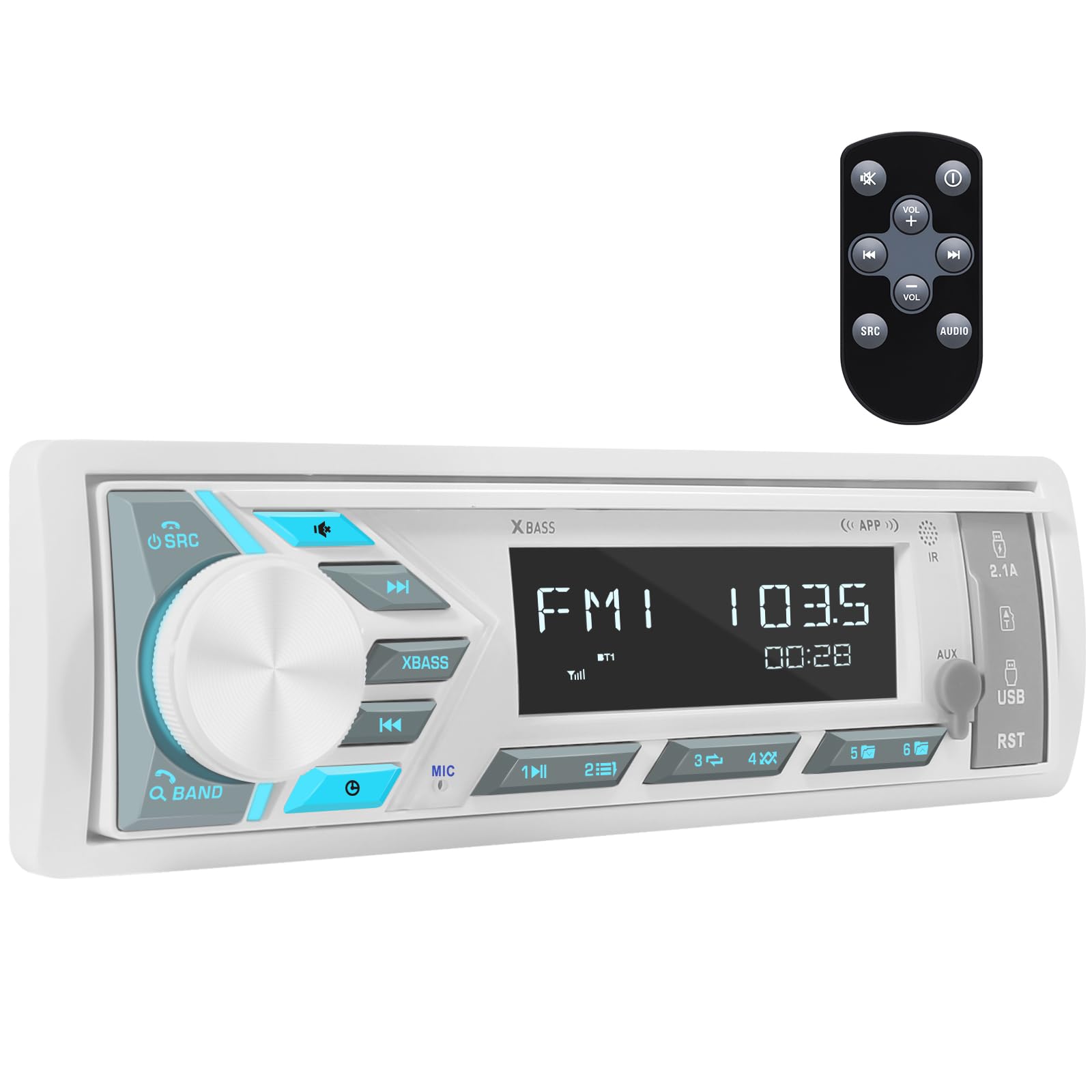 Single Din Marine Stereo Receiver: in Dash Bluetooth Boat Radio - Digital LCD Display Push to Talk Assistant AM FM MP3 SD Aux-in USB Charging 4.2-Channel Audio Output for Marine Vehicle Watercraft
