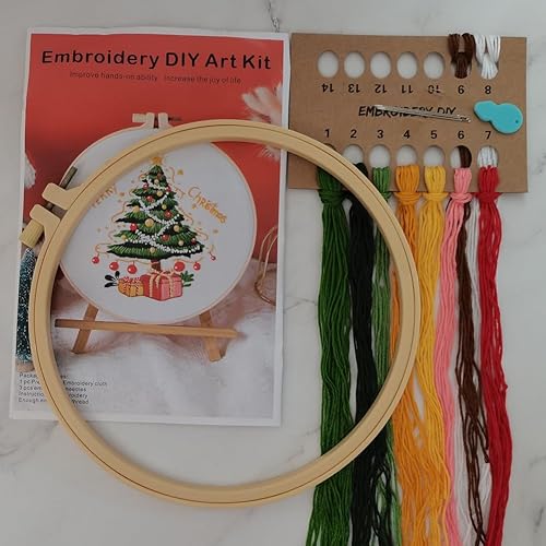 Miniatura 3 de Esffaci Kit de iniciación de bordado para adultos principiantes con patrón de árbol de Navidad estampado de punto de cruz con tela de bordado, hilo