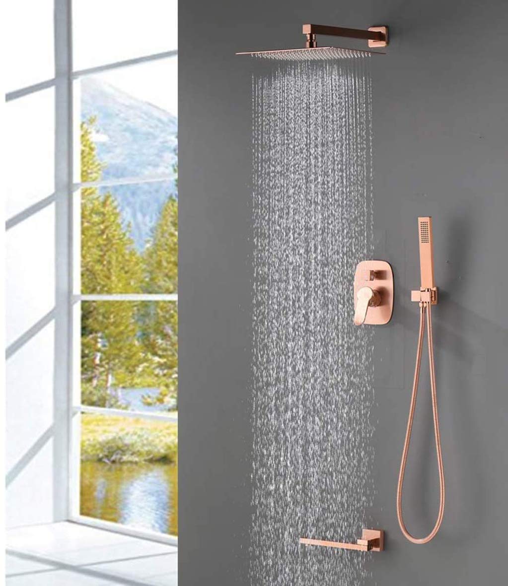 Sistema doccia, montaggio a parete in ottone spazzolato oro rosa bagno 10-12 pollici pioggia doccia rubinetto sistema miscelatore set con doccia palmare e rubinetti vasca, Luxu,