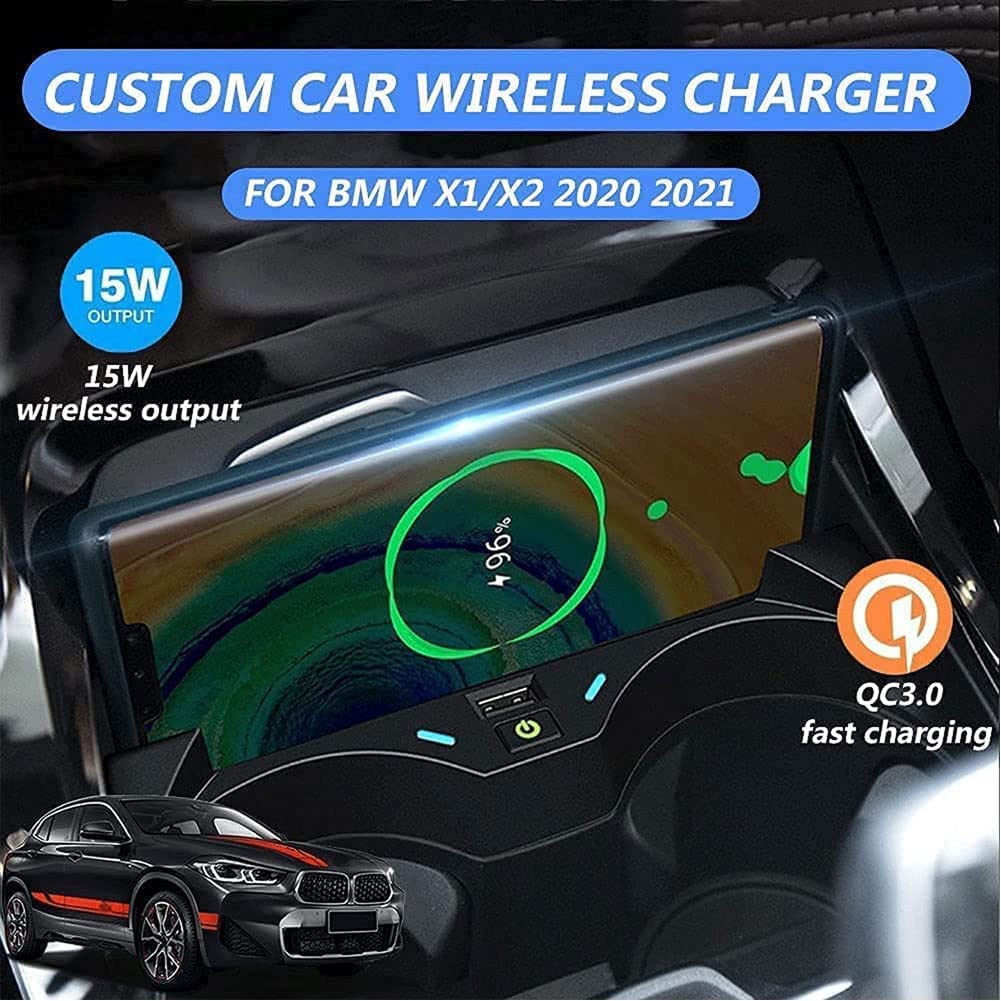Cargador de Coche Inalámbrico para BM-W X1/X2 2016-2021, Almohadilla de Carga de Carga RáPida de TeléFono Inteligente Consola Central Accesorios Panel con Puerto USB
