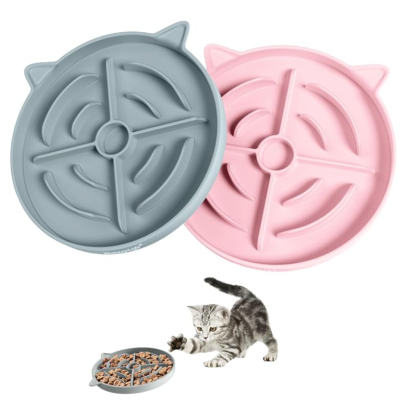 Comedouro lento para gatos em silicone com design de alvo MateeyLife Rosa + Cinza, pacote com 2