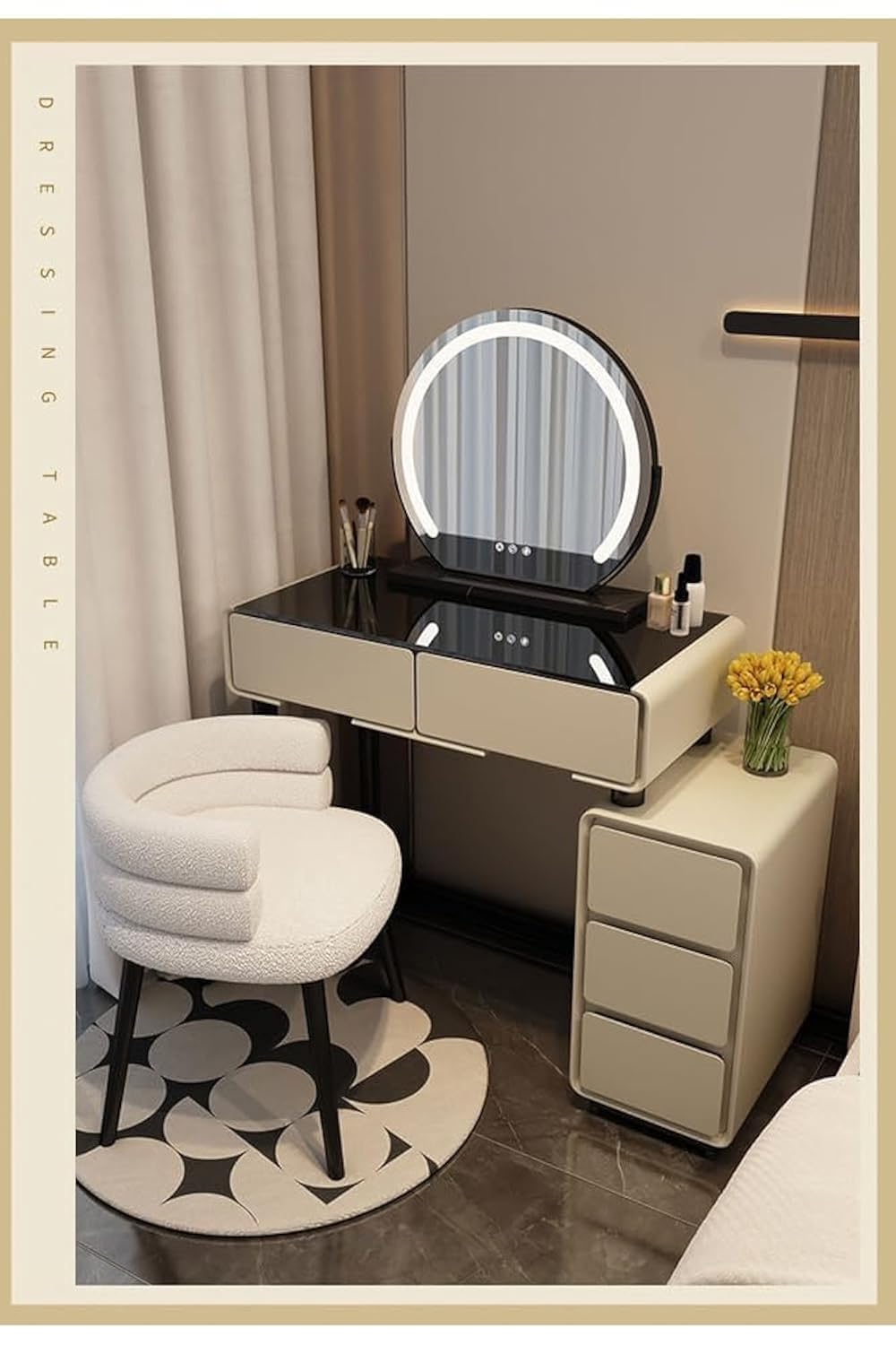 NKX Makeup Dressing Table With Mirror, Storage Cabinet Drawers And Chair, beige