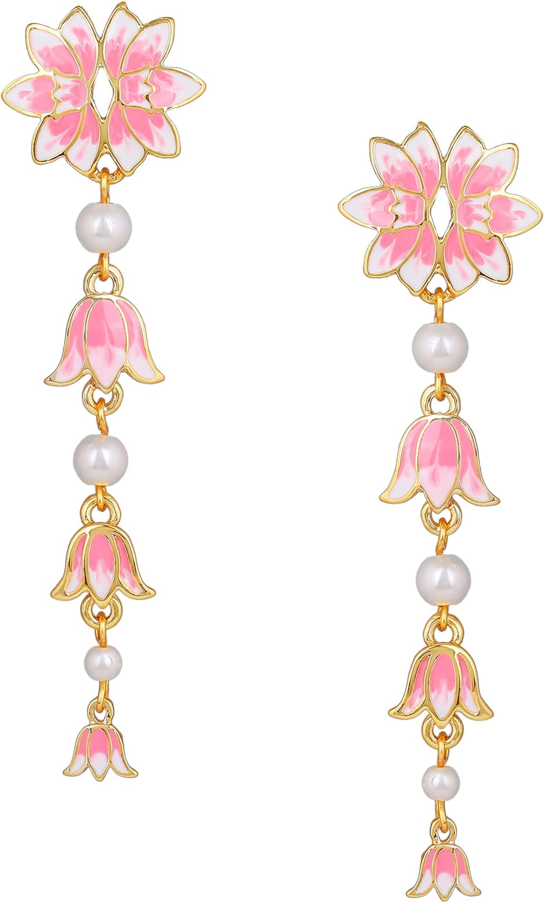 Jewellery Fashion Earrings for Women Gold Plated Lotus Designer Elegant Pink and White Enamel Pearl Drop Earrings Versatile Chic for Women & Girls