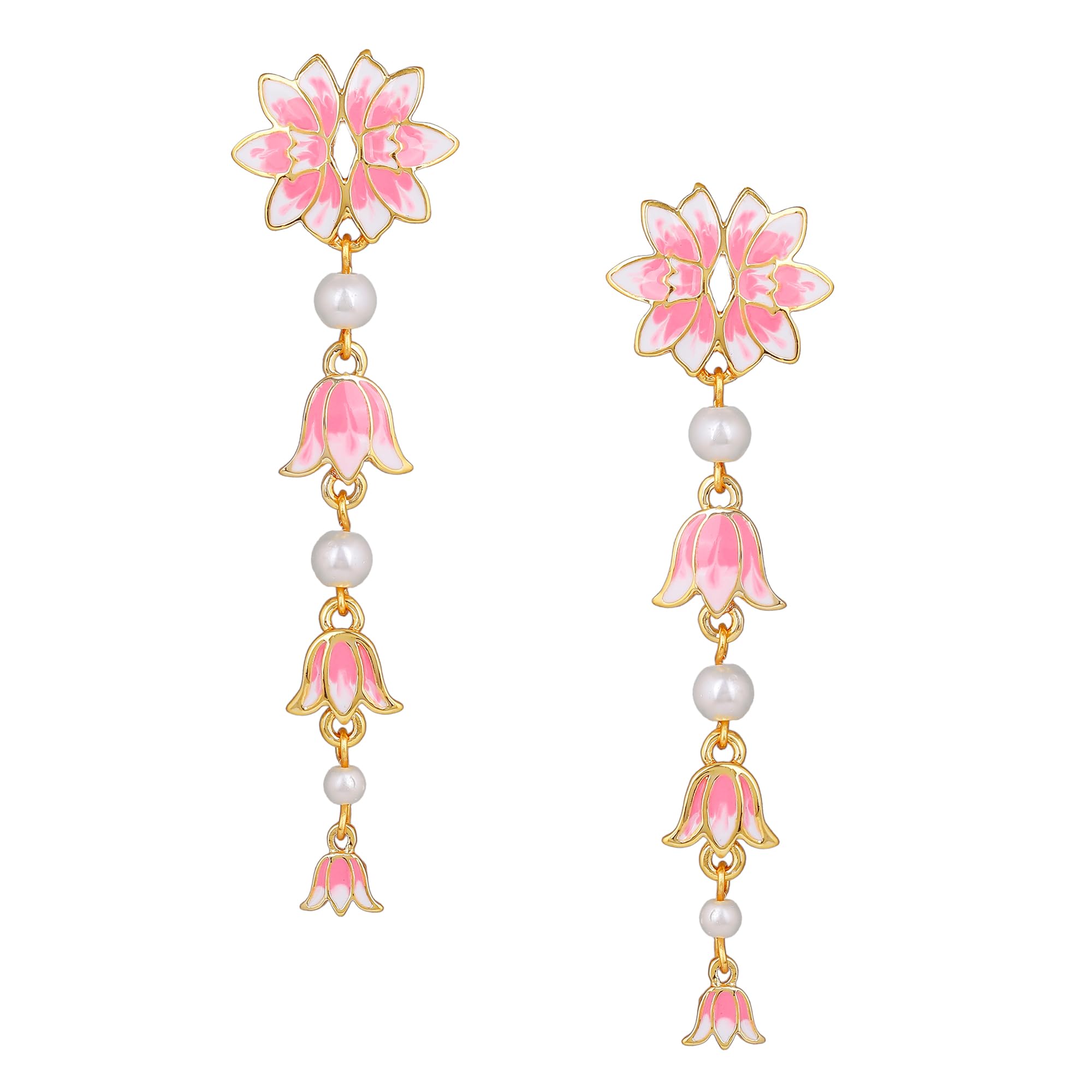 Jewellery Fashion Earrings for Women Gold Plated Lotus Designer Elegant Pink and White Enamel Pearl Drop Earrings Versatile Chic for Women & Girls