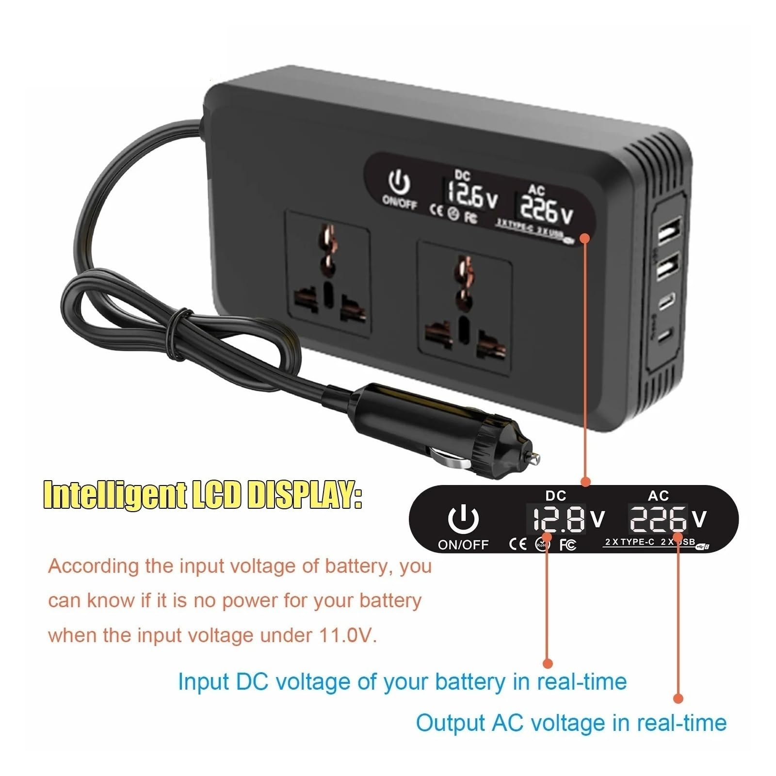 Convertidor Adaptador Transformador Voltaje USB Montado Inversor Coche Portátil Potencia 200W CC 12V A110V/220V Clip Batería Conversión inversor