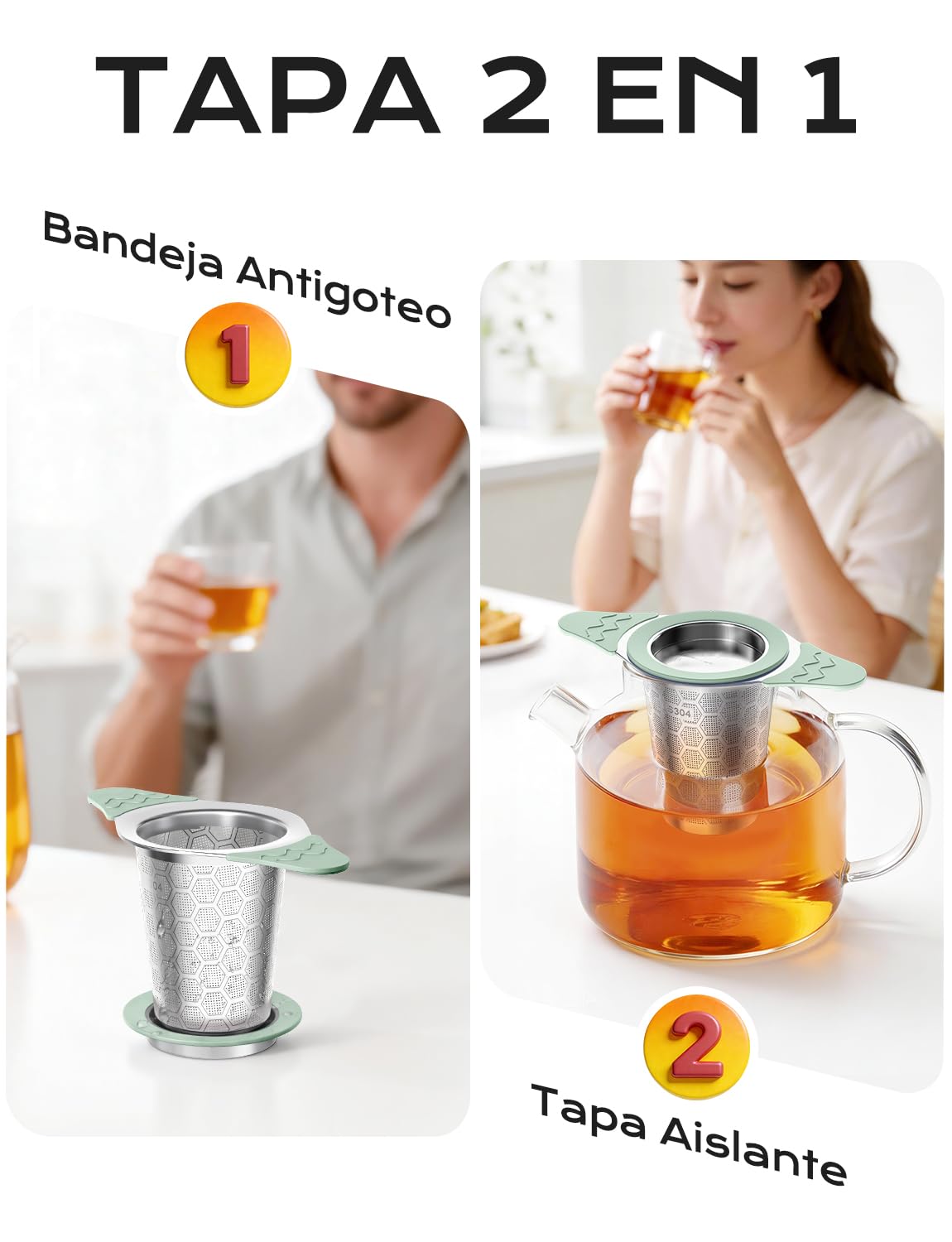 Yomanta Infusor de Te 2 Piezas - infusionador de Acero Inoxidable 304, filtro te con asa y tapa de silicona, Malla fina de 0,4 mm, colador te para tazas y teteras - verde