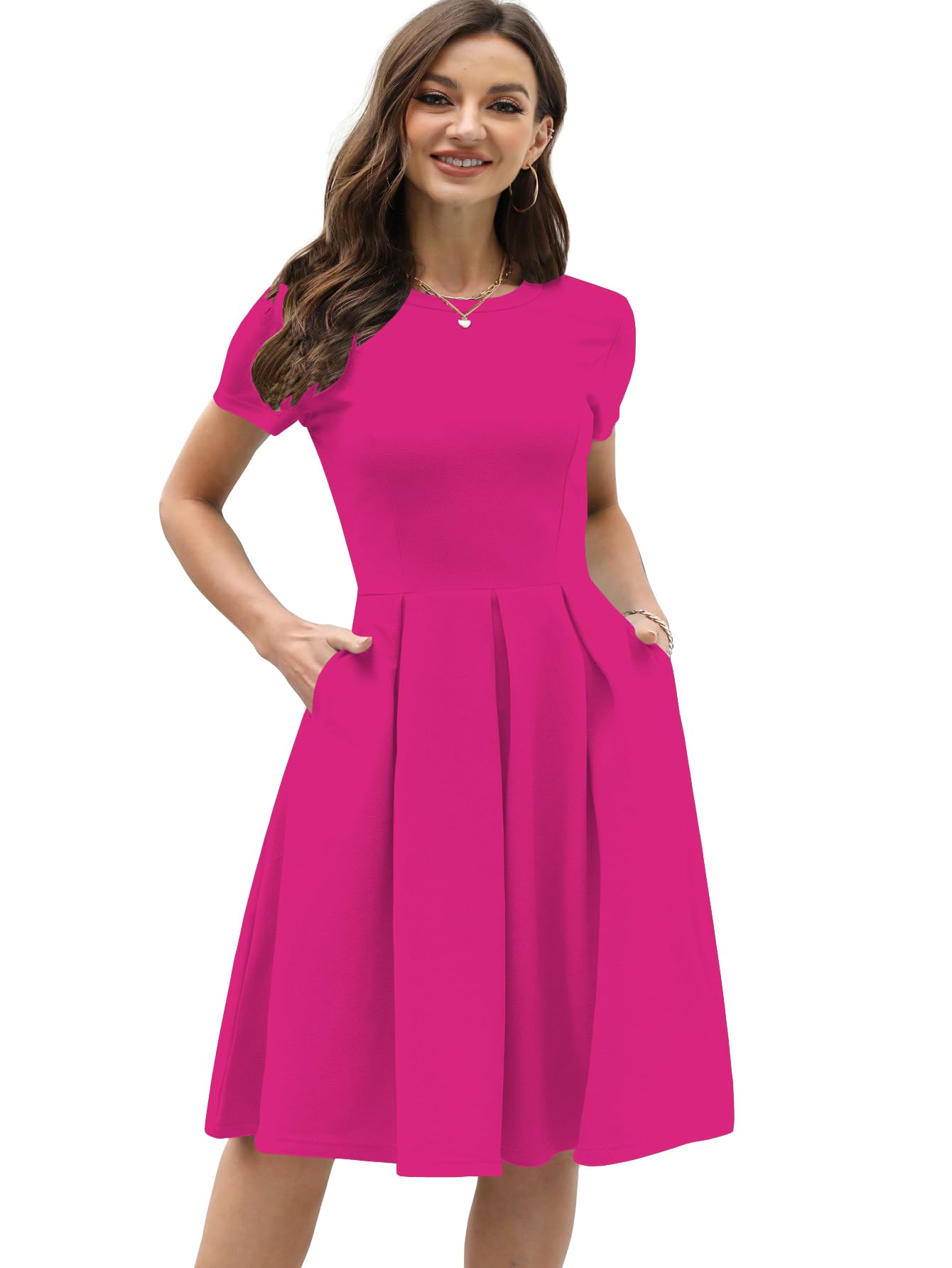 Shasmi Girl's & Women's Solid Hot Pink Color Solid Slant Pocket Fold Pleated, Women Cocktail Party Vintage Style With Pockets Big Swing Simple Retro Dress (Dress 166 Rani-Xl)