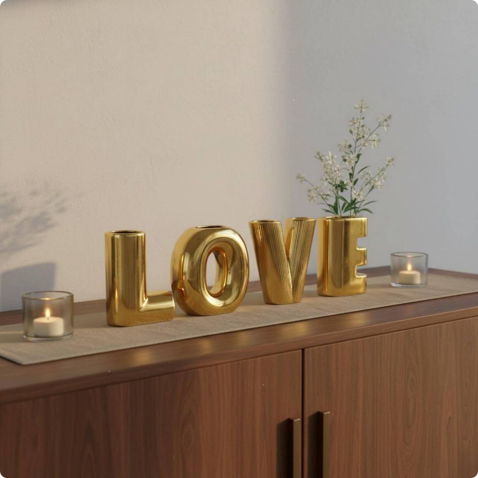 Colcolo 4 Stück Dekorative Vase Vase Buchstaben Vase Blumenvasen Set mit Glasiertem Finish für Einzelblumen Und Kleine Sträuße für Wohnzimmer Esszimmer, Weiß