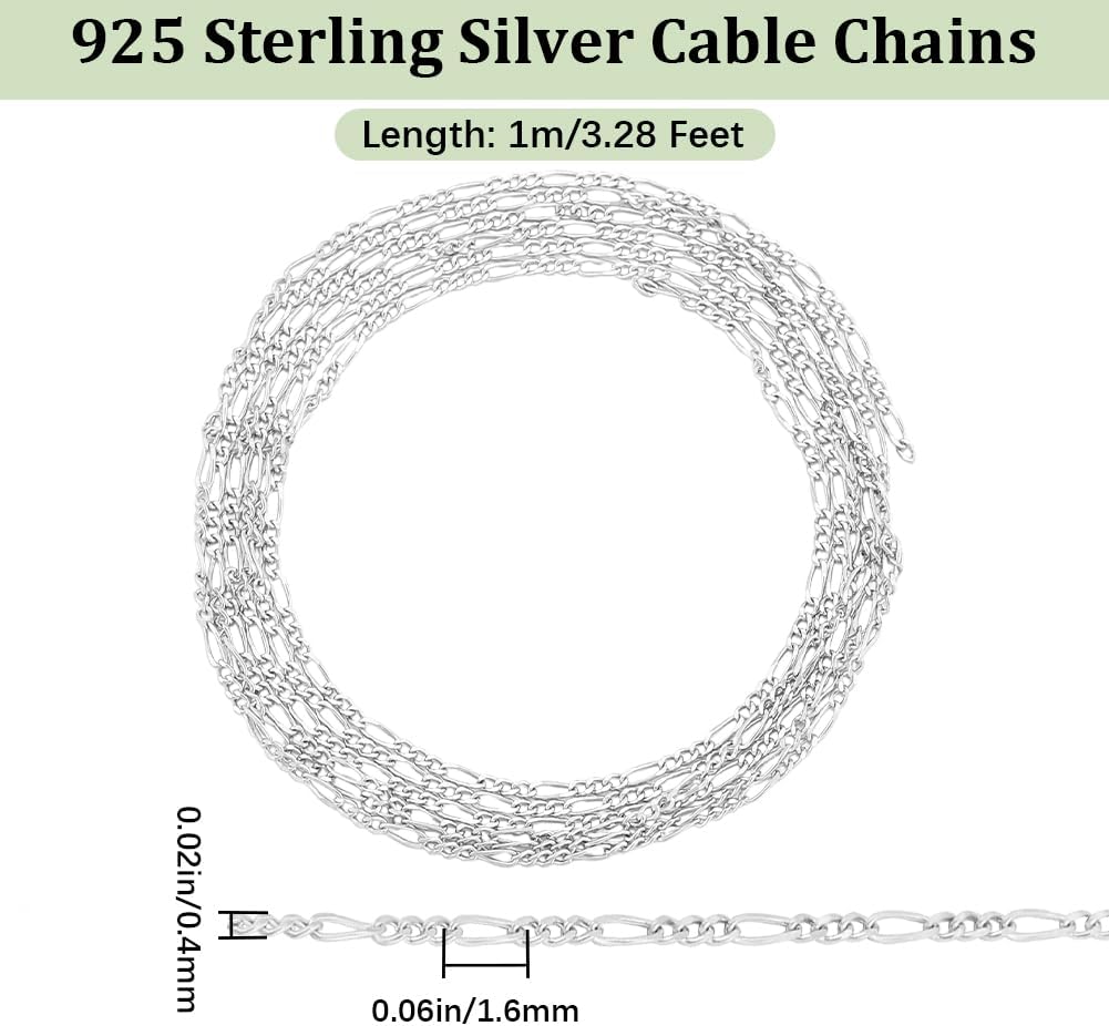 Beebeecraft 1 Box 1M Figaro Chain Sterling Silver Flat Chain Bulk for Jewelry Making