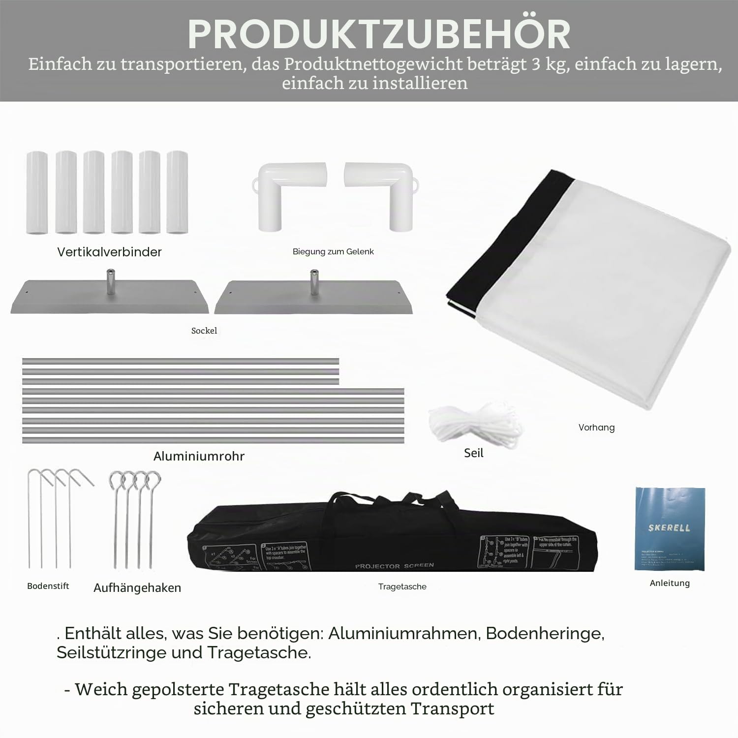 SKERELL leinwand Beamer mit Stand 100 Zoll Outdoor Projektor leinwand Indoor Filmleinwand 16:9 Full-Set-Tasche für Heimkino Camping und Freizeitveranstaltungen
