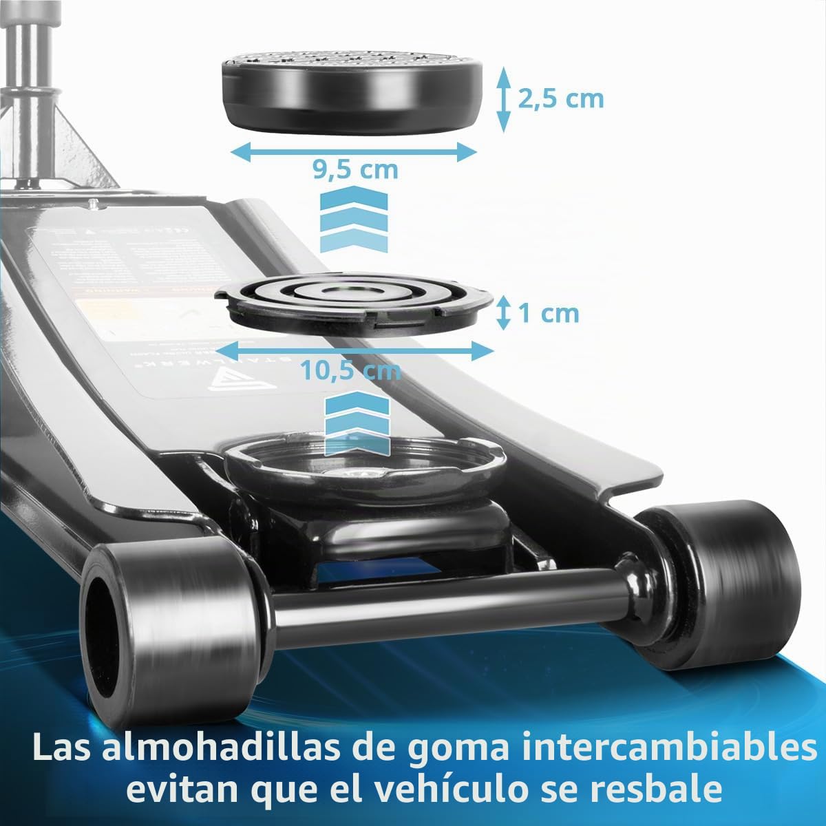 STAHLWERK Gato hidráulico con capacidad de carga de 3 toneladas, extraplano, rango de elevación de 73 a 500 mm, ruedas de goma, pistón doble, gato hidráulico, gato hidráulico (WHB-73 ST)